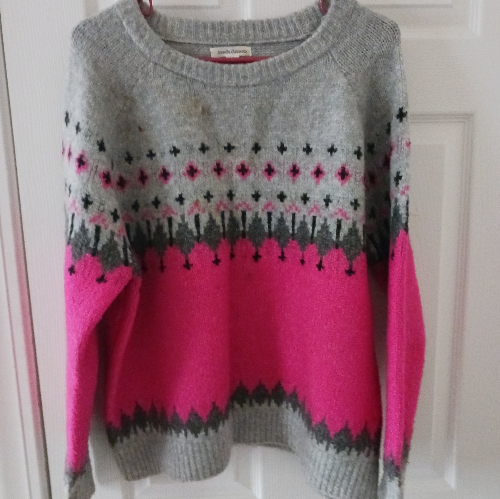 Hot Pink And Gray Fair Isle Acrylic Blend Sweater XL